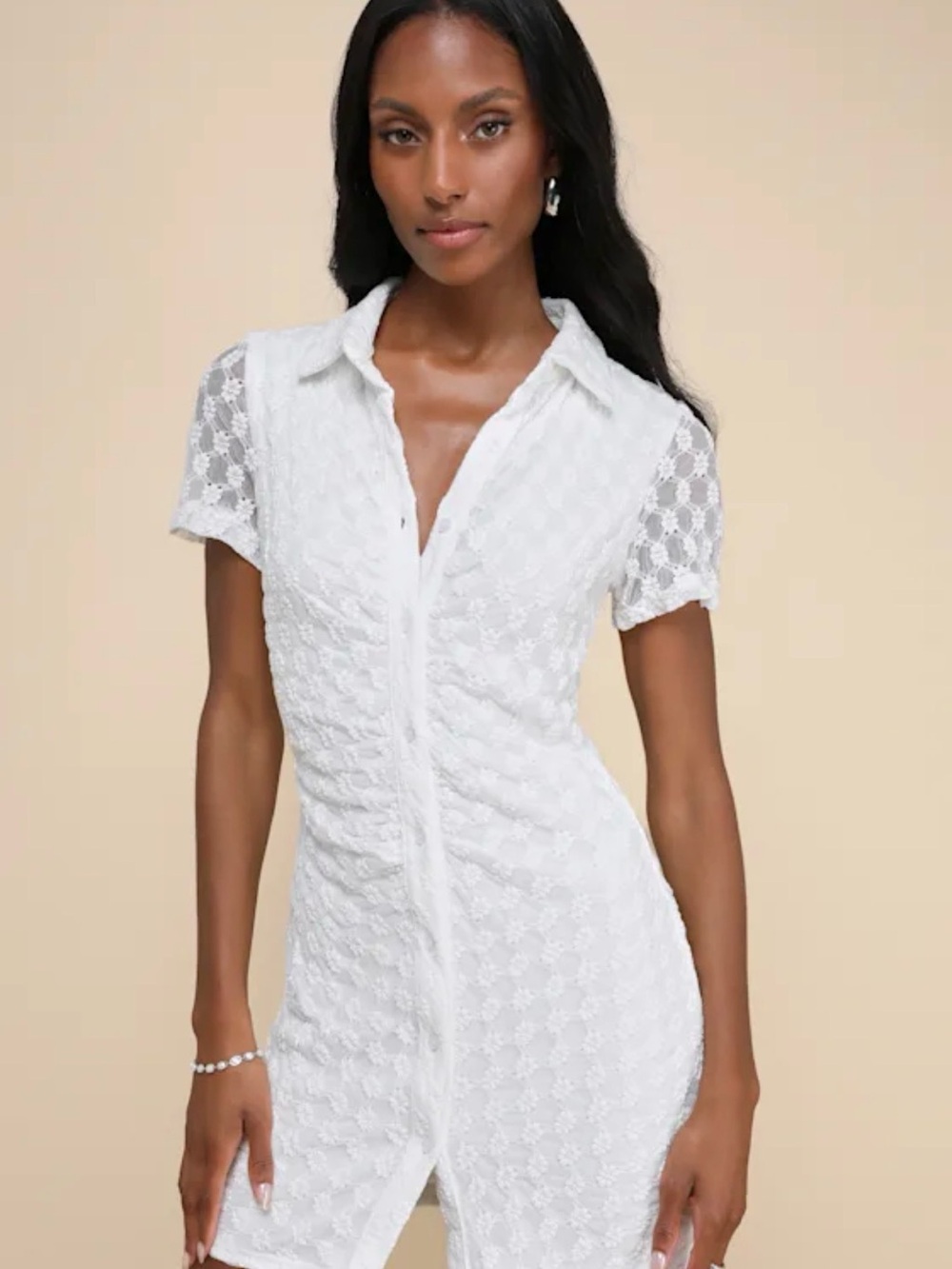 Lulu's White Floral Lace Collared Button Shirt